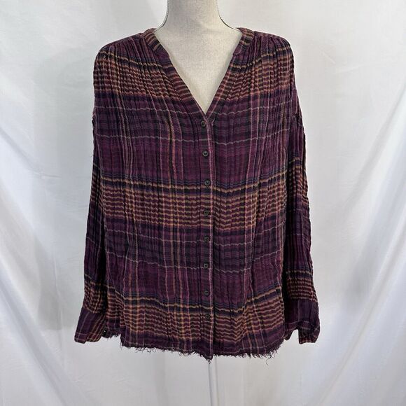 Free People Come On Over Shirt Size SMALL Plaid Oversized Button Up - Picture 2 of 8